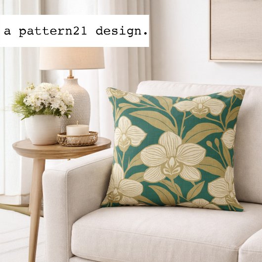 Orchids on emerald green pattern クッション