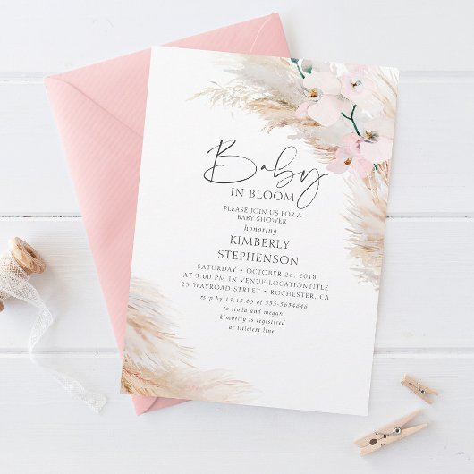 Orchids Pampas Grass Baby in Bloom Baby Shower Inv 招待状