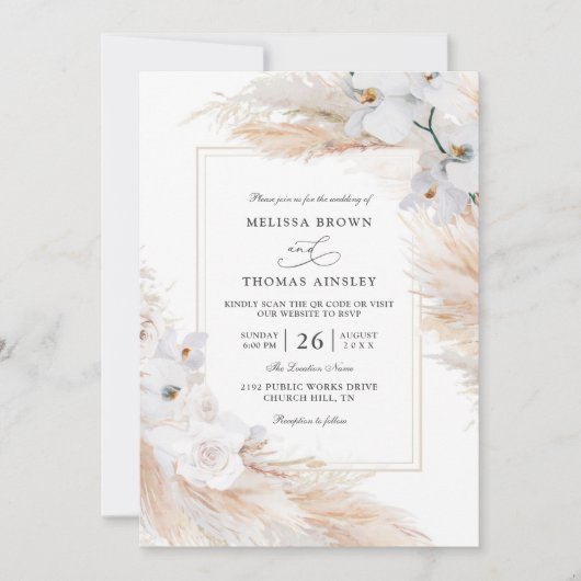Orchids Pampas Grass Budget QR Code Wedding 招待状 (正面)