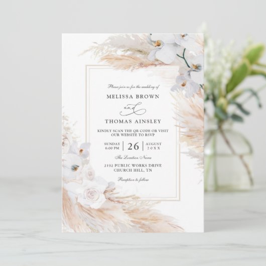 Orchids Pampas Grass Budget QR Code Wedding 招待状 (スタンド正面)