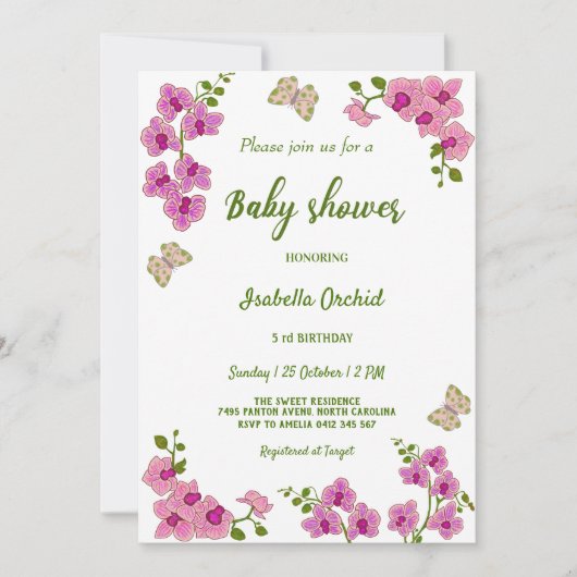 Orchids Tropical Butterfly Baby Shower Invitation 招待状 (正面)