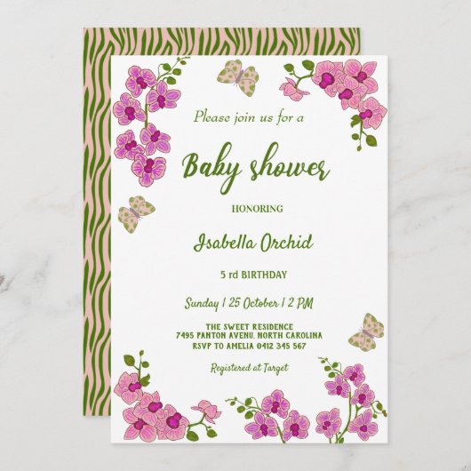 Orchids Tropical Butterfly Baby Shower Invitation 招待状 (正面/裏面)