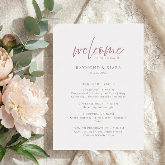 Order of Events Dusty Pink Wedding Program Card プログラム