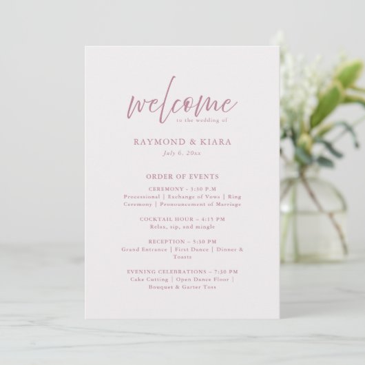 Order of Events Dusty Pink Wedding Program Card プログラム (スタンド正面)