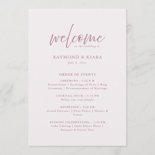 Order of Events Dusty Pink Wedding Program Card プログラム (正面)