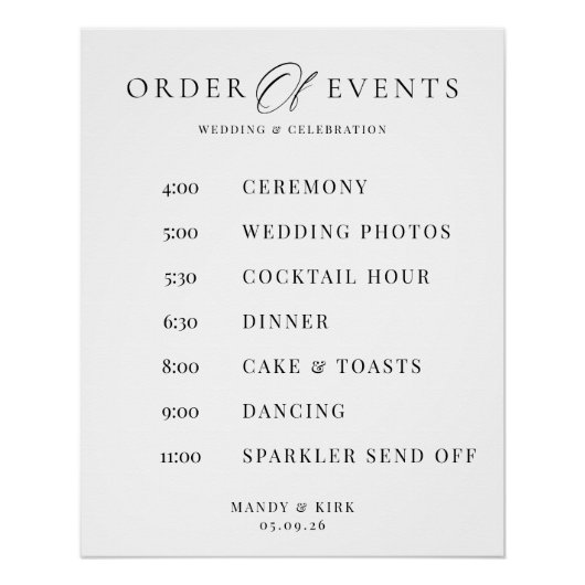 Order of Events Wedding Sign Minimalist Timeline ポスター (正面)