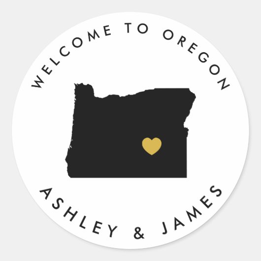 Oregon 結婚's Welcome Stickerラベル、ブラック&金ゴールド ラウンドシール (正面)