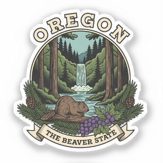 Oregon Beaver State Forest & Waterfall Emblem シール (正面)