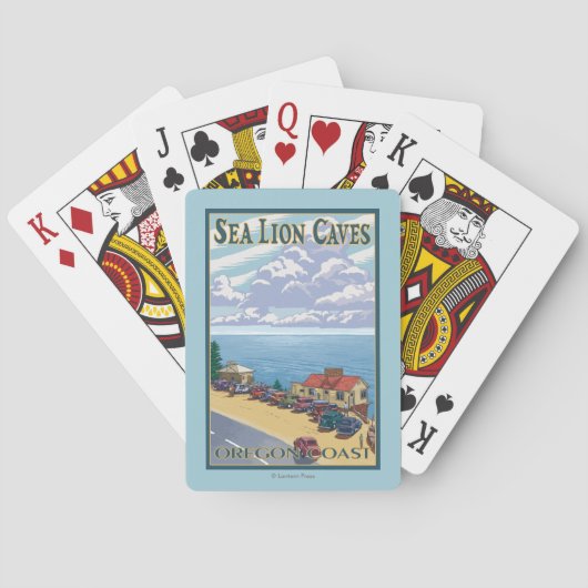 OregonSeaのライオンの洞窟のヴィンテージ旅行ポスター トランプ (裏面)