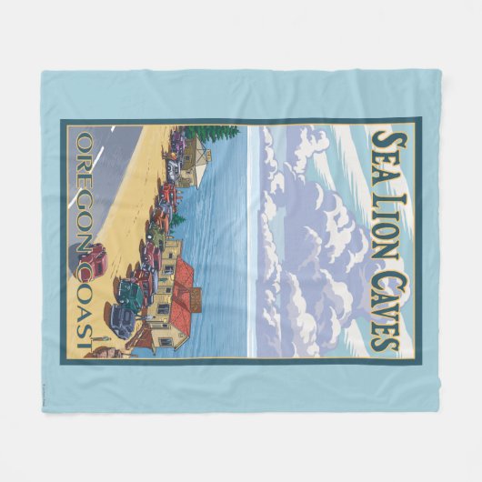 OregonSeaのライオンの洞窟のヴィンテージ旅行ポスター フリースブランケット (正面(横))