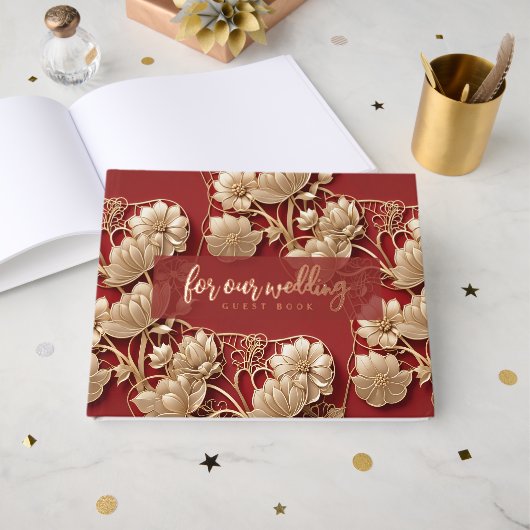 Oriental Art Deco Florals | Custom Foil Wedding ゲストブック (正面見開き)