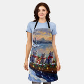Oriental Blue Cat Christmas Boat Holiday エプロン (着用した状態)