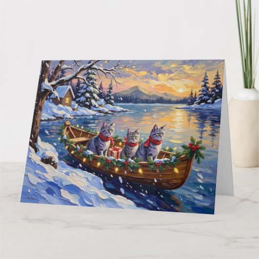 Oriental Blue Cat Christmas Boat Holiday カード (正面)