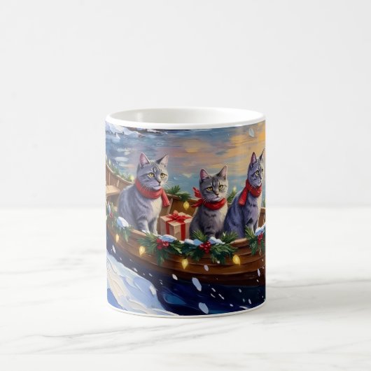 Oriental Blue Cat Christmas Boat Holiday コーヒーマグカップ (中央)