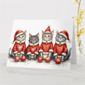 Oriental Blue Cat Christmas Dress Santa Hat カード (黄色い花)