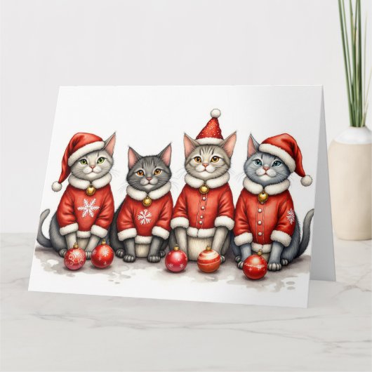 Oriental Blue Cat Christmas Dress Santa Hat カード (正面)