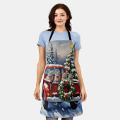 Oriental Blue Cat Christmas Red Truck Holiday エプロン (着用した状態)