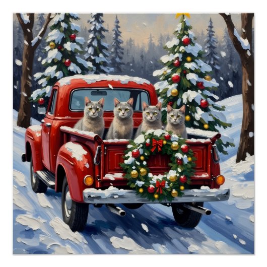 Oriental Blue Cat Christmas Red Truck Holiday ポスター (正面)