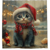 Oriental Blue Cat Christmas Vintage Beach シャワーカーテン (正面)