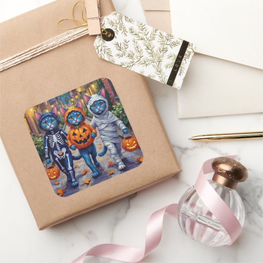 Oriental Blue Cats Trick-or-Treating Halloween  スクエアシール (ギフト)