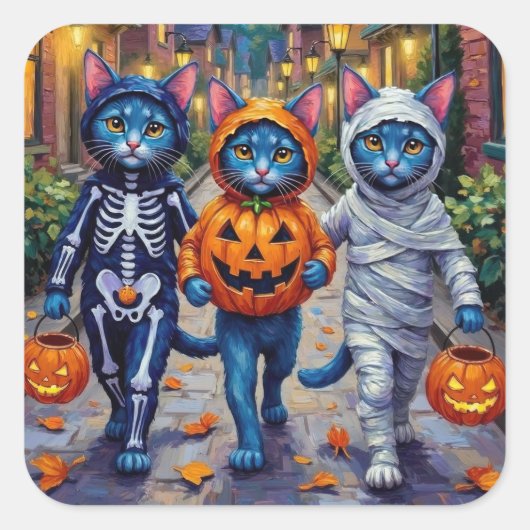 Oriental Blue Cats Trick-or-Treating Halloween  スクエアシール (正面)