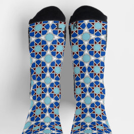 Oriental Blue White Moroccan Geometric Arabesque ソックス
