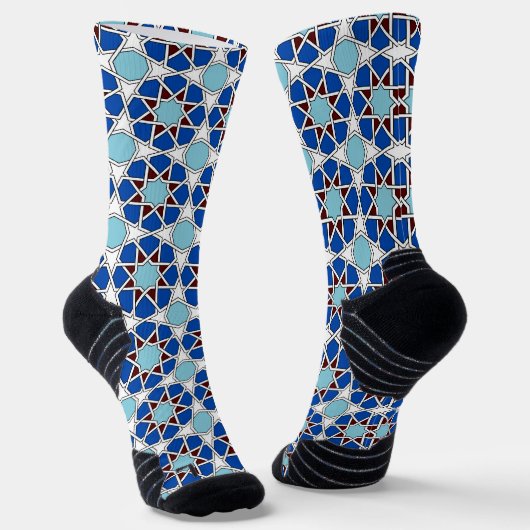 Oriental Blue White Moroccan Geometric Arabesque ソックス (傾斜あり)