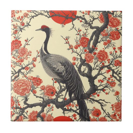 Oriental Crane and Peony - Traditional Asian Art タイル (正面)