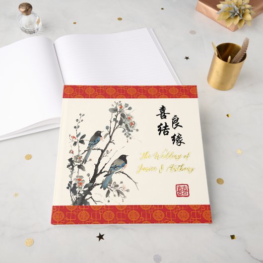 Oriental Flowers birds modern Chinese wedding  ゲストブック (正面見開き)