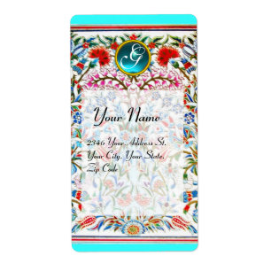 ORIENTAL  FLOWERS DAMASK MONOGRAM Blue Turquase ラベル