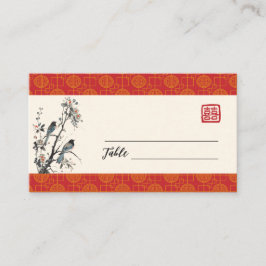 Oriental modern red flower bird Chinese wedding  プレイスカード