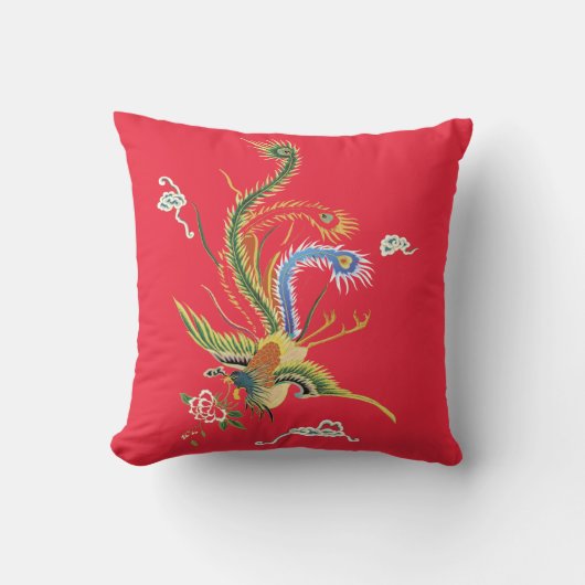 Oriental Pheasant on Bright Red Pillow クッション (正面)