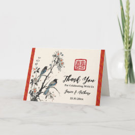 Oriental red flower bird Chinese wedding サンキューカード