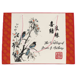 Oriental red flowers birds chinese wedding ラージペーパーバッグ