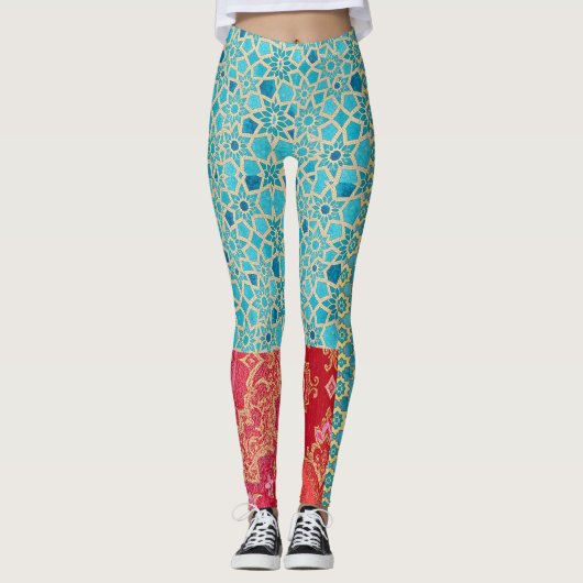 ORIENTAL Red Turquoise Pattern - Leggings  レギンス (正面)