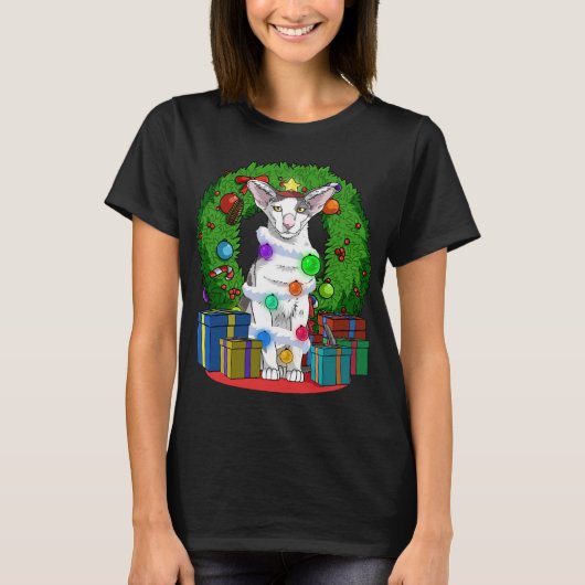 Oriental Shorthair Cat Christmas Tree X-mas Santa Tシャツ (正面)