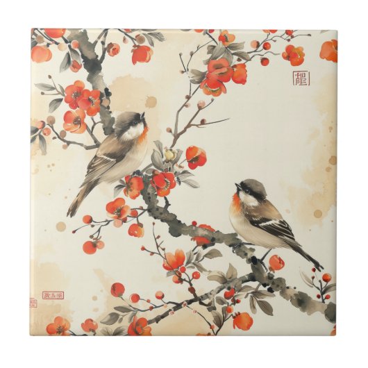 Oriental Songbirds and Blossom - Traditional Asian タイル (正面)