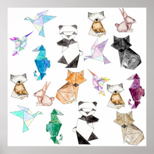 Origamiかわいい手描きの幾何学的なペーパー動物 ポスター