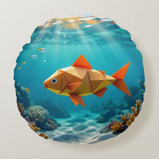 Origami fish and seahorse ocean ラウンドクッション (正面)