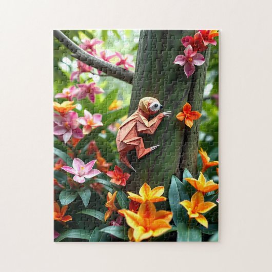 Origami Sloth climbing a tree in a luscious jungle ジグソーパズル (縦)
