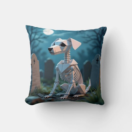 Origami Spooky Skeleton Dog Halloween Throw Pillow クッション (正面)