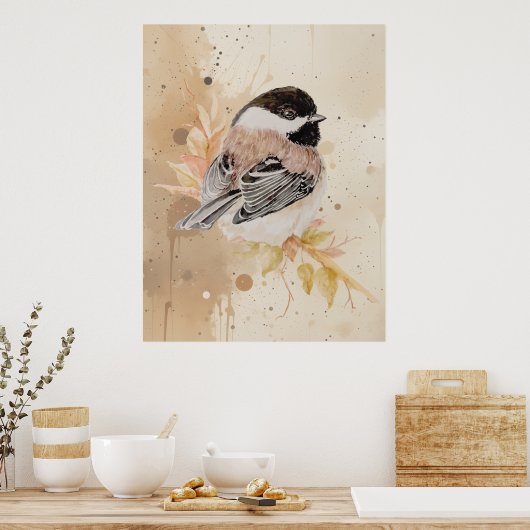Original Hand painted Watercolor Chickadee Bird ポスター (キッチン)