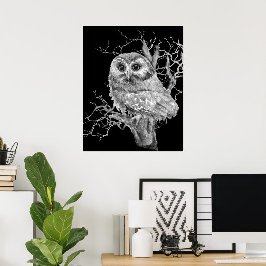 Original Watercolor Baby Owl Bird Art ポスター (ホームオフィス)