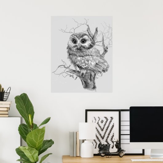 Original Watercolor Baby Owl Bird Art ポスター (ホームオフィス)