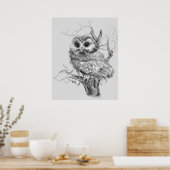 Original Watercolor Baby Owl Bird Art ポスター (キッチン)