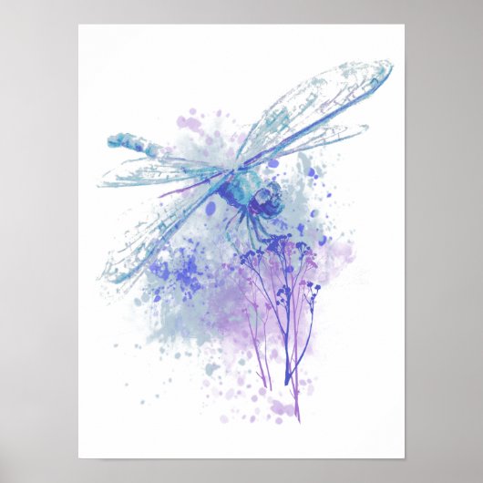 Original Watercolor Dragonfly in Blue Mauve Nature ポスター (正面)
