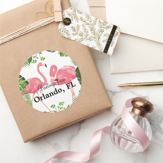 Orlando, FL- – ピンクのフラミンゴからの挨拶 ラウンドシール (ギフト)