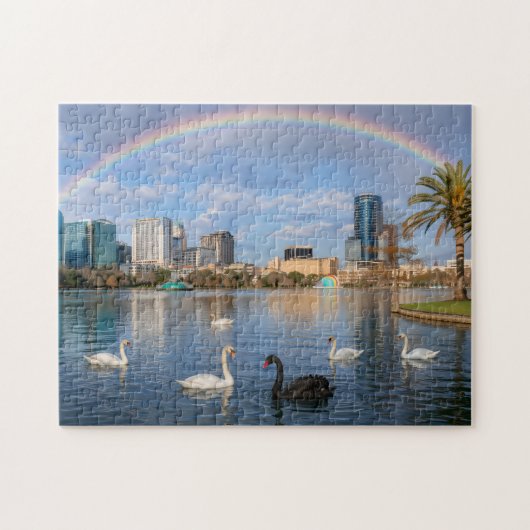 Orlando Florida Skyline Lake Eola Rainbow & Swans ジグソーパズル (横)
