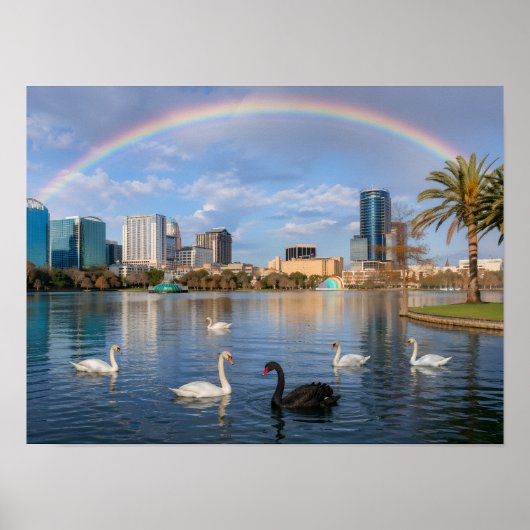 Orlando Florida Skyline Lake Eola Rainbow & Swans ポスター (正面)