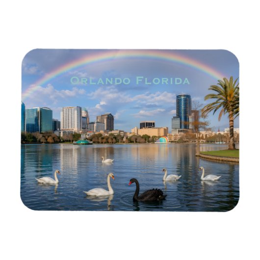 Orlando Florida Skyline Lake Eola Rainbow & Swans マグネット (横)